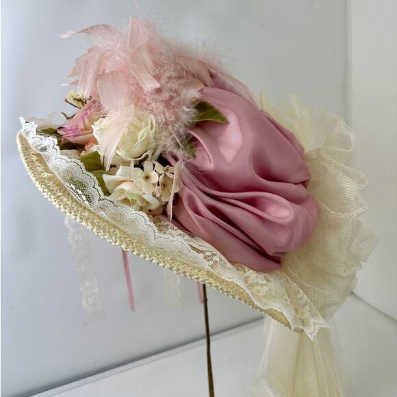 VTG Elsie Massey Originals Pink Floral Wide Brim Victorian Derby Hat main image 10